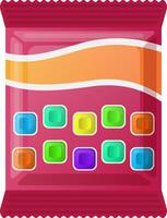 Red sealed package filled with vibrant, colorful square shaped chewy candies, featuring a blank orange label, prominently displayed from the front view, highlighting freshness and fun vector