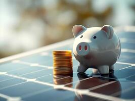 A pink piggybank rests on a solar panel, reflecting sunset rays, symbolizing sustainable savings and the bright future of renewable energy investments. Ai photo