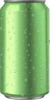 Refreshing green aluminum can covered with water drops, creating a cool and thirst quenching visual, perfect for showcasing beverage product designs vector