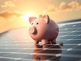 A pink piggybank rests on a solar panel, reflecting sunset rays, symbolizing sustainable savings and the bright future of renewable energy investments photo