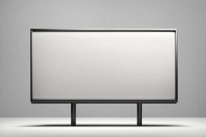 An empty white board on a stand against a gray background photo