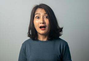 Asian woman standing isolated on grey background big eye surprised wow open mouth shocked face expression, fear and excited face looking at camera photo