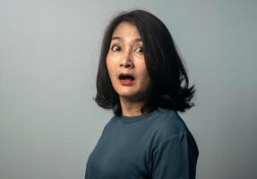 Asian woman standing isolated on grey background big eye open mouth surprised and shocked face expression, fear and excited face looking at camera photo