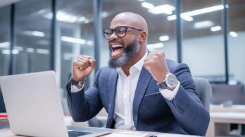 A man in a suit is celebrating with his hands up photo