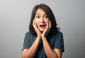 Asian woman standing isolated on grey background big eye surprised wow open mouth shocked face expression, fear and excited face. photo