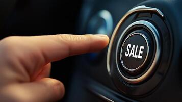 Close-up of a finger pressing the Sale button on a car dashboard. Concept of car sales, leasing, rental. photo