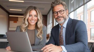 Businessman and businesswoman at a laptop in a modern office. photo