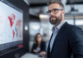 Man in business suit analyzing data and graphs on screen concept of business analytics, statistics and decision making in modern office environment. photo