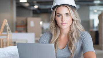 Architect girl in a construction helmet sits at a table in a modern office and works on a laptop. Drawings and a model of the building are laid out on the table. photo