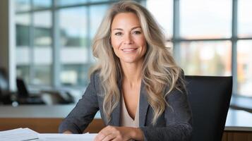 Businesswoman sits at a desk in a modern office. photo