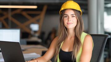 A woman in a hard hat sitting at a desk with a laptop photo