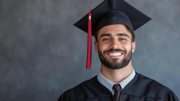 Young guy in a graduate uniform and cap on a gray background. Graduation day concept. photo
