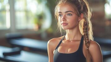 Young athletic girl with braided hair in black top during pilates training. Bright studio with fitness equipment, healthy lifestyle, concentration and harmony photo