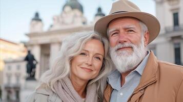 An older couple is standing in front of a building photo