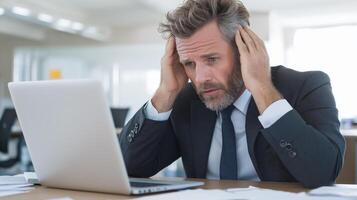 Stressed businessman in office looking at laptop screen, head resting on hand. Concept of tiredness, overload and work problems. photo