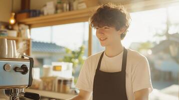 Cafe Barista Smiles at Customers photo