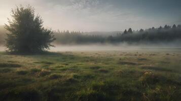 a dense fog rolling over a quiet meadow photo