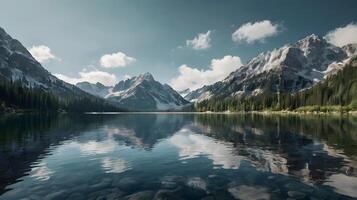 a crystal-clear lake surrounded by towering mountains photo