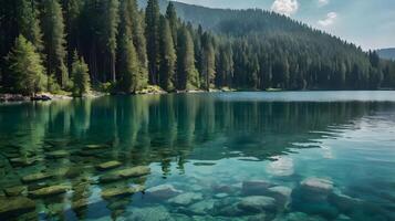 crystal-clear lake surface with reflections of pine trees photo
