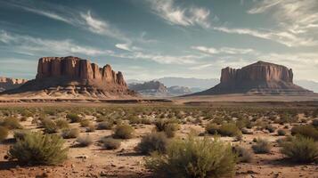 a rocky desert with towering mesas and sparse vegetation photo