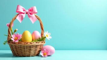 Easter Basket with eggs, bow and flowers on light blue surface Banner with copy space. Background with empty place for text showcasing spring's festive spirit. photo