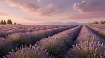 a lavender field under a soft pink sky photo