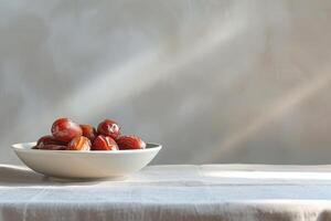 A white plate holds a variety of fresh dates, reflecting soft natural light in a calm setting. The background enhances their rich colors photo