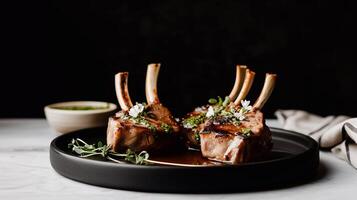 Gourmet grilled lamb chops with herb sauce and edible flowers on a black plate. A luxurious fine dining presentation with rich textures and artistic plating. High-end culinary aesthetics. photo