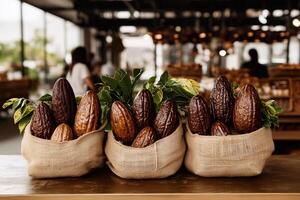 Rustic display of cocoa pods in burlap sacks with green leaves, set in a cozy marketplace. Rich textures and warm tones highlight the organic charm of cacao. . photo