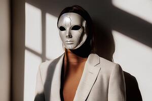 Mysterious figure wearing a cracked mask symbolizing inner crisis, conflict, fear, and loss of control. A striking metaphor for emotional struggle and hidden pain. . photo