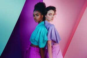 Two stylish women with contrasting features and different ethnic backgrounds pose back to back in vibrant outfits against a bold geometric background. A striking modern fashion portrait. photo