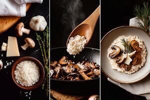 A collage showcasing the stages of cooking Porcini mushroom risotto from fresh ingredients to creamy rice preparation and elegant plating with parmesan and herbs. . photo