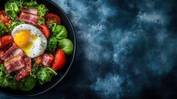 Fresh and colorful salad with boiled eggs and juicy tomatoes served in a bowl with a healthy dressing on top photo