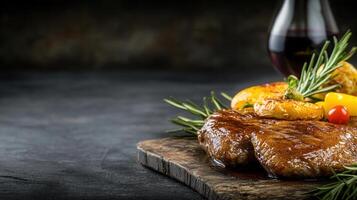 A juicy steak served on a plate accompanied by a glass of wine creating an elegant dining experience for food lovers photo