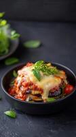 Generously filled bowl of lasagna ready to offer a hearty and satisfying meal for those seeking comfort food delight photo