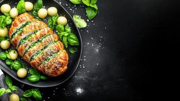 Vibrant plate of nutritious food featuring juicy meat accompanied by fresh vegetables for a healthy and delicious meal photo