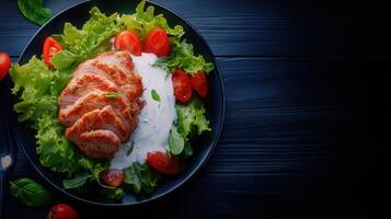 Colorful plate of fresh salad accompanied by various ingredients for a healthy and delicious meal option photo
