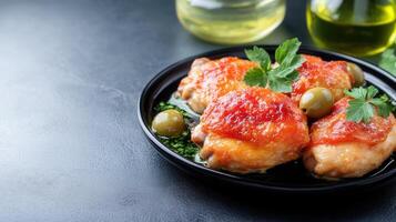 A beautifully arranged plate of food accompanied by a bottle of olive oil perfect for enhancing culinary flavors photo