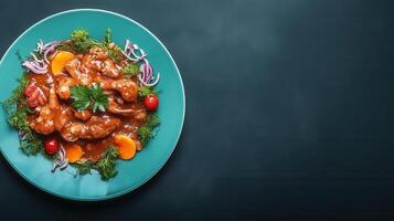 Generously plated dish of scrumptious food set on a dining table for a heartwarming meal experience photo