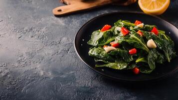 Freshly prepared colorful salad with crisp vegetables and a bright yellow lemon slices garnishing the plate photo
