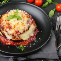 Elegant plate of delicious food accompanied by a fork ready for enjoyment on a simple table setting photo