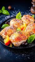 Deliciously prepared plate of juicy chicken served with colorful vegetables and garnished for a mouthwatering presentation photo