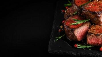 Juicy grilled steak served on a white plate with fresh herbs and aesthetically arranged garnishes for dinner photo