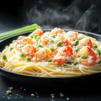 Nutritious plate of pasta with succulent shrimp and colorful vegetables creating a wholesome and delicious meal photo