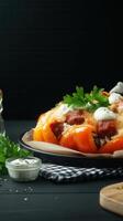 Simple yet elegant plate of food accompanied by a fork on a clean surface for a casual dining experience photo