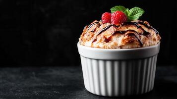 Exquisite dessert arranged in a pristine white bowl highlighting its colorful layers and textures for visual appeal photo