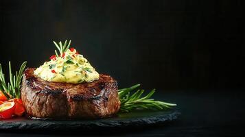 Deliciously grilled steak accompanied by a colorful side of fresh vegetables on a beautifully designed plate photo