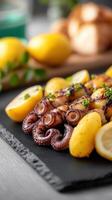 Deliciously grilled octopus served on a plate with fresh lemons and garnished with herbs for a flavorful experience photo
