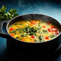 Hearty pot of vegetable soup bubbling with fresh ingredients for a warm and comforting meal experience photo