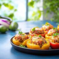 Colorful plate of stuffed peppers filled with delicious ingredients perfect for a flavorful and nutritious meal photo